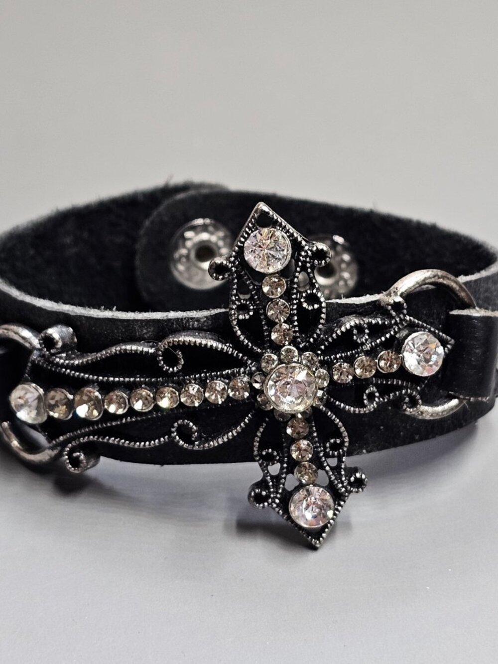 Black Leather (Faux) Cuff Bracelet Rhinestone Cross Silvertone Goth Punk Adjusta